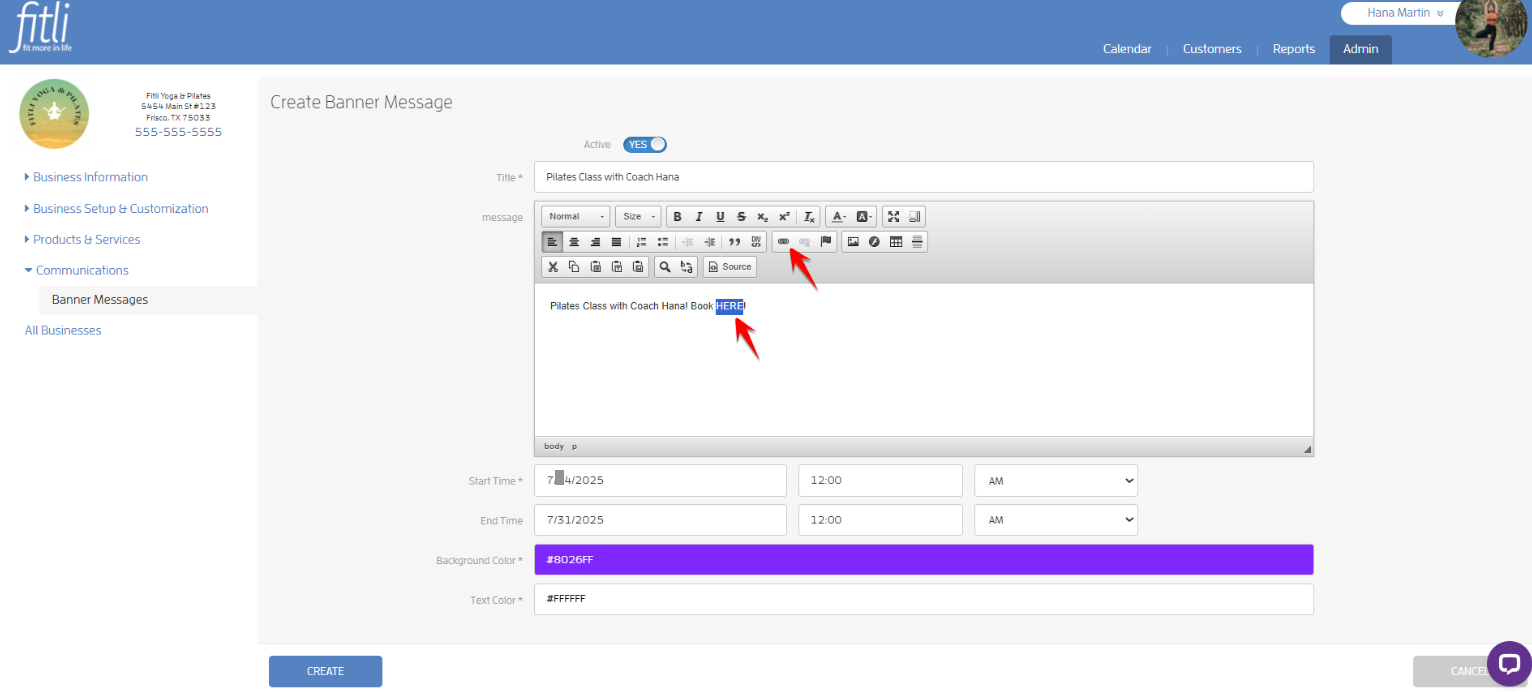 Create a Banner Message with a link for your Clients to Purchase or Book — screenshot 23