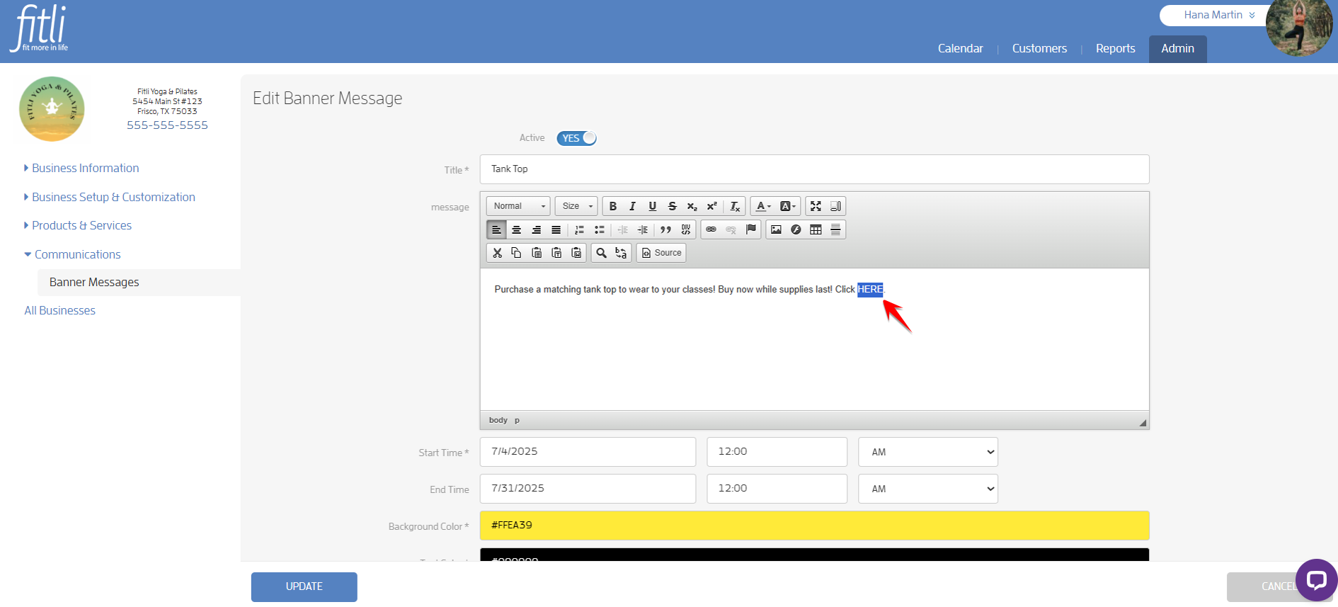 Create a Banner Message with a link for your Clients to Purchase or Book — screenshot 8
