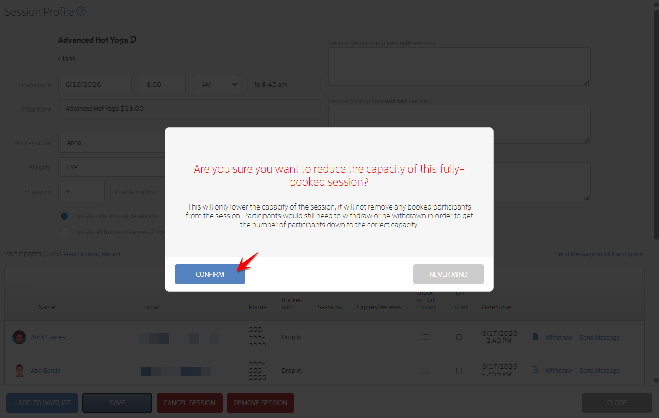Reduce the Capacity of the Class Below its Current Number of Participants — screenshot 4