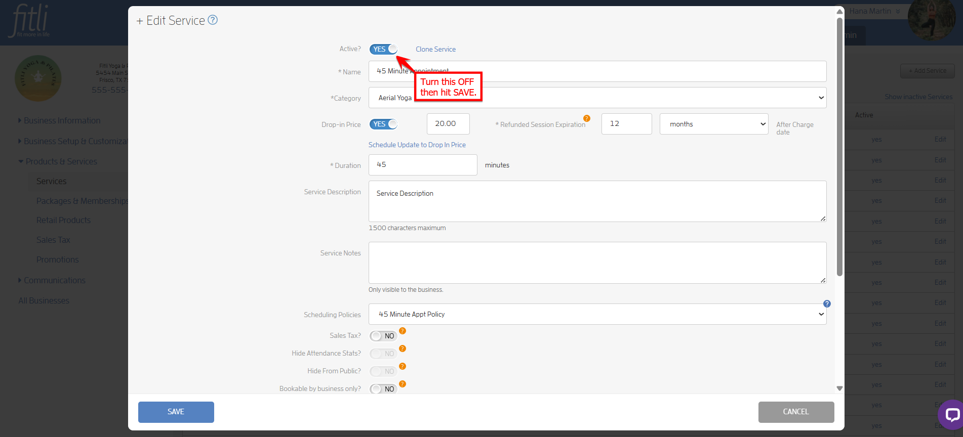 How to de-activate / re-activate a service — screenshot 6