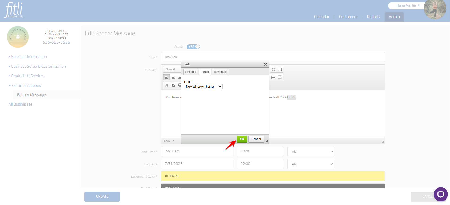 Create a Banner Message with a link for your Clients to Purchase or Book — screenshot 12