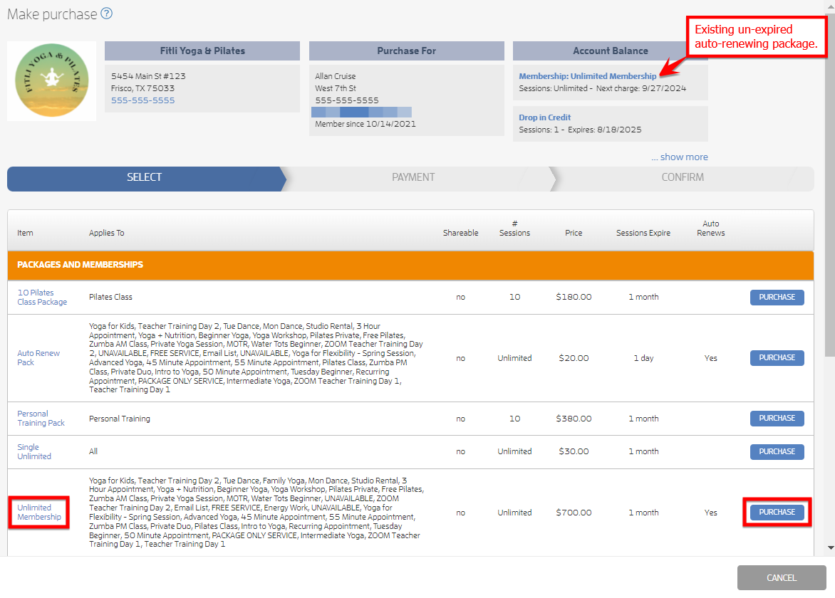 What happens if I try to purchase a duplicate auto-renewing membership for my customer? — screenshot 1