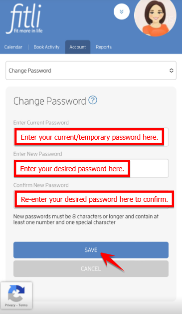 Mobile version: How to change your password within the Fitli site — screenshot 2