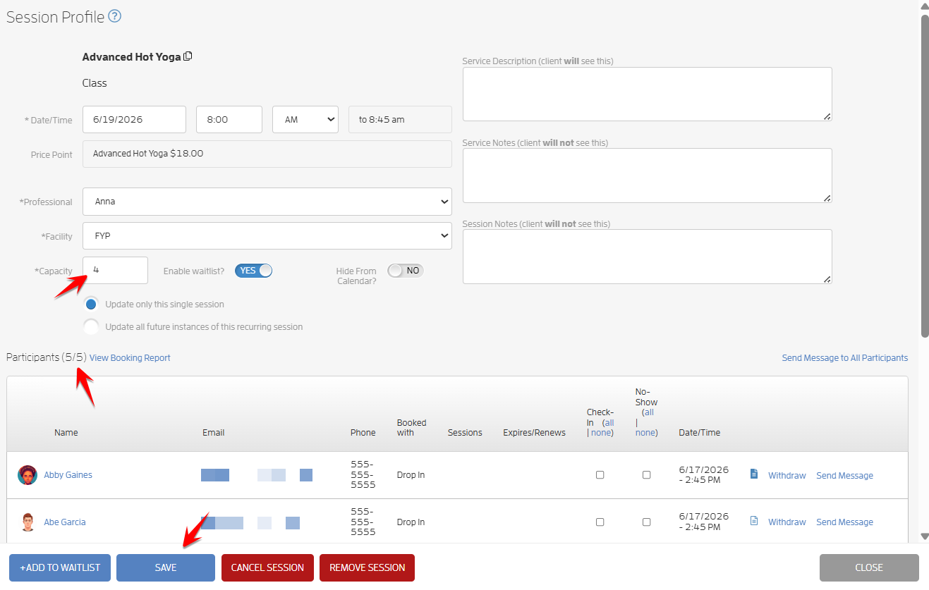 Reduce the Capacity of the Class Below its Current Number of Participants — screenshot 3