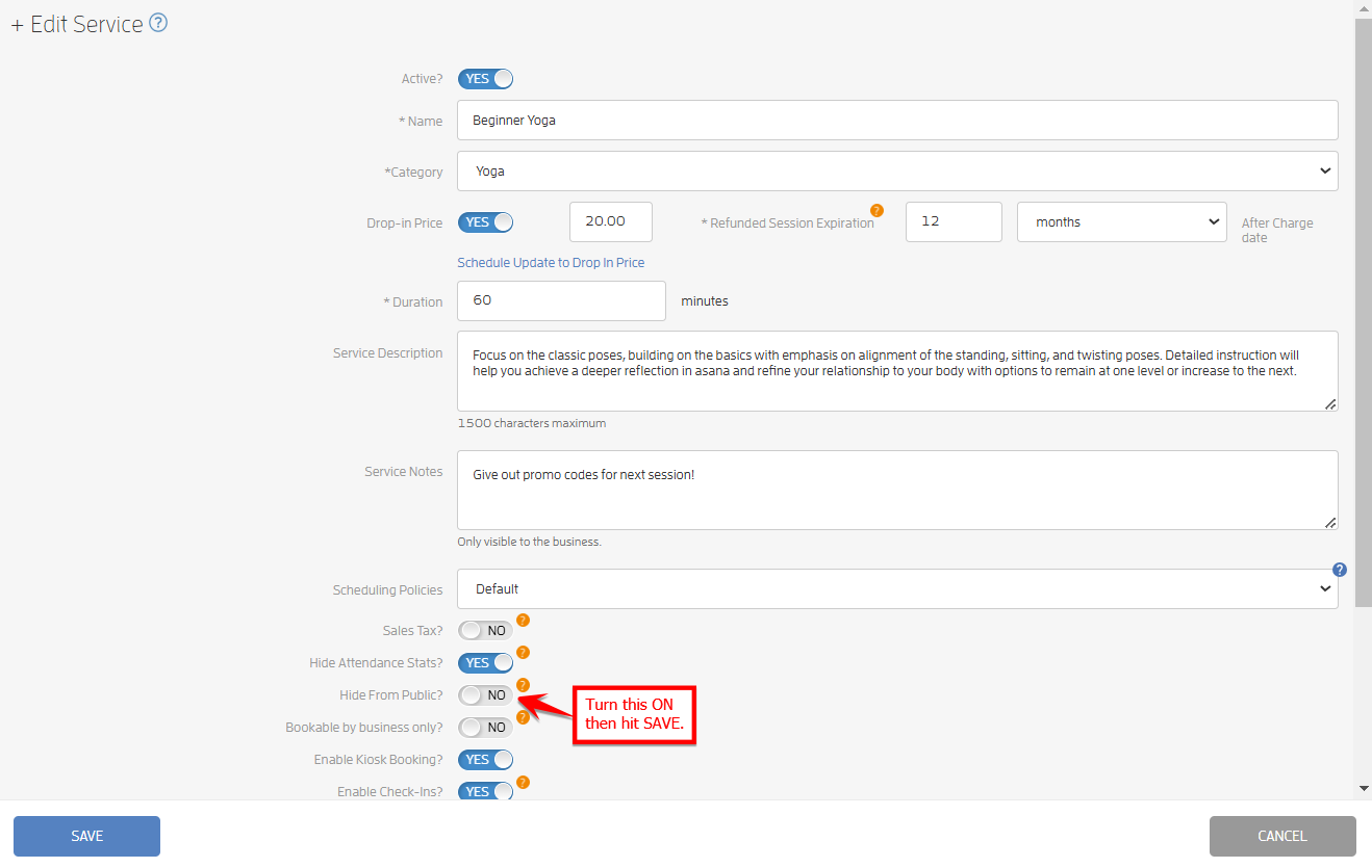 How to 'hide' a session or class on your Business Calendar — screenshot 10