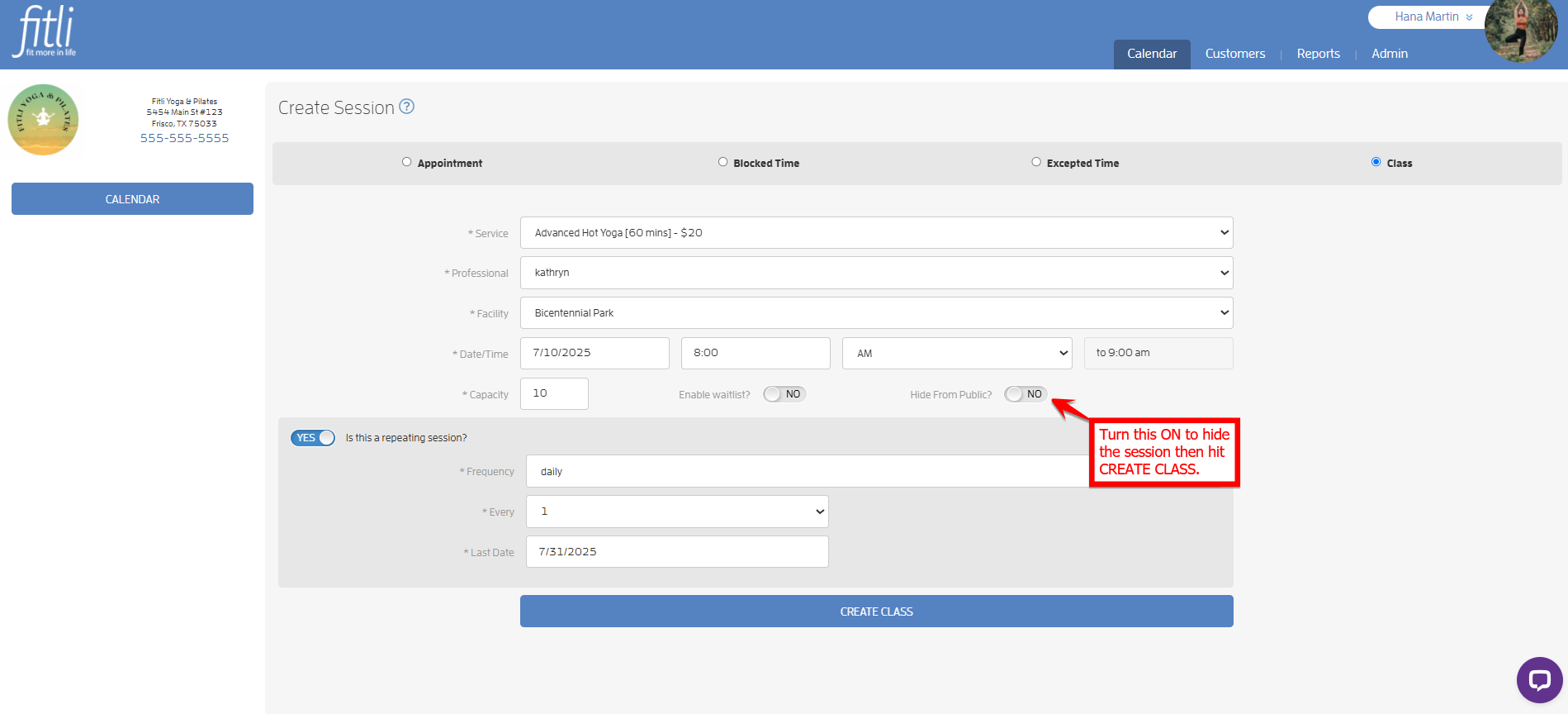 How to 'hide' a session or class on your Business Calendar — screenshot 5