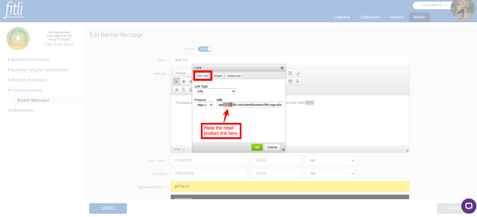 Create a Banner Message with a link for your Clients to Purchase or Book — screenshot 10