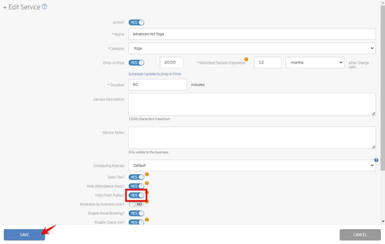 How to 'hide' a session or class on your Business Calendar — screenshot 3