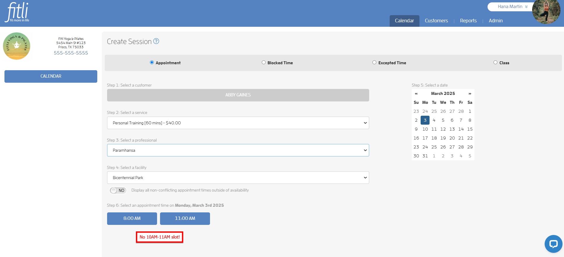 Why can't I book a specific time slot for a client's appointment with a trainer? — screenshot 1