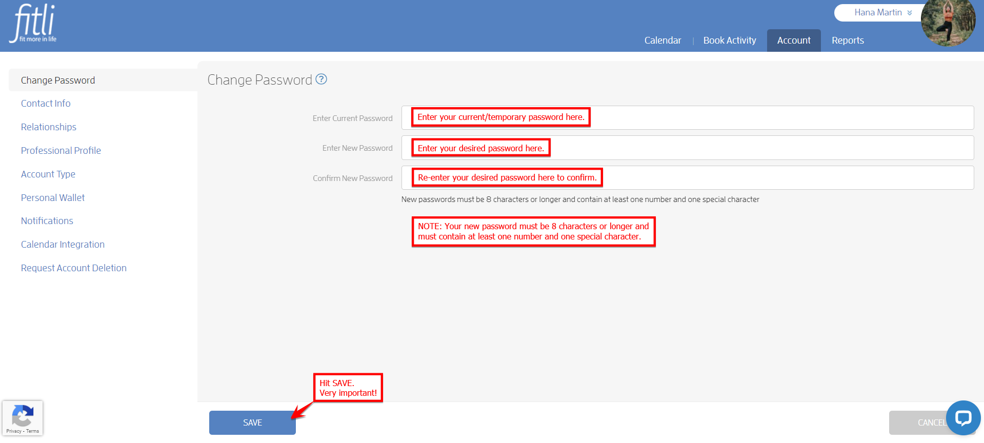 How to change your business' password within the Fitli site — screenshot 3