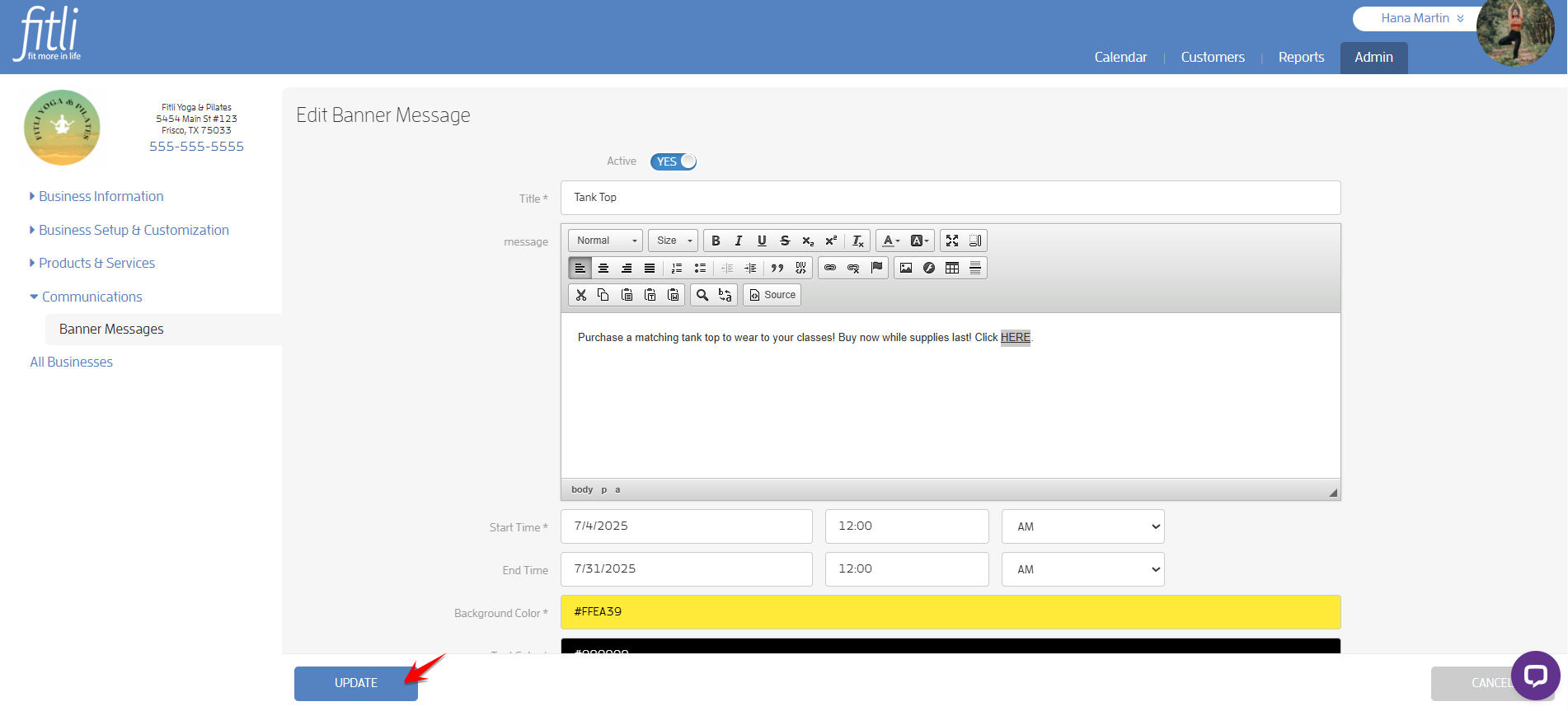 Create a Banner Message with a link for your Clients to Purchase or Book — screenshot 13