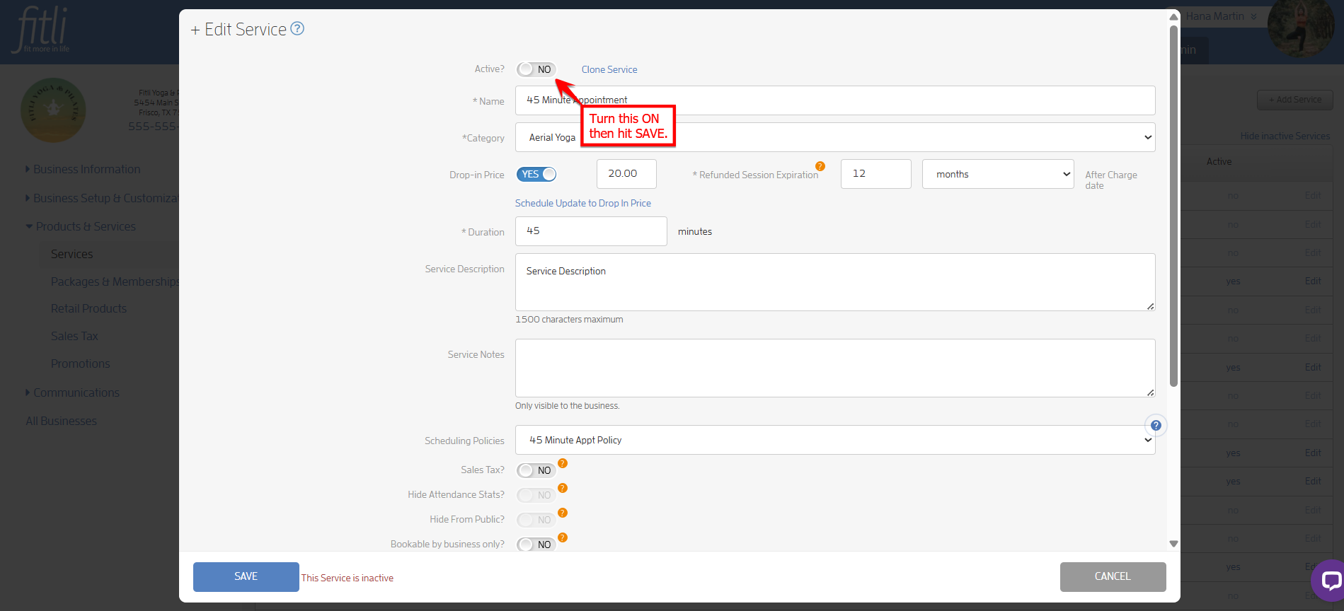 How to de-activate / re-activate a service — screenshot 15