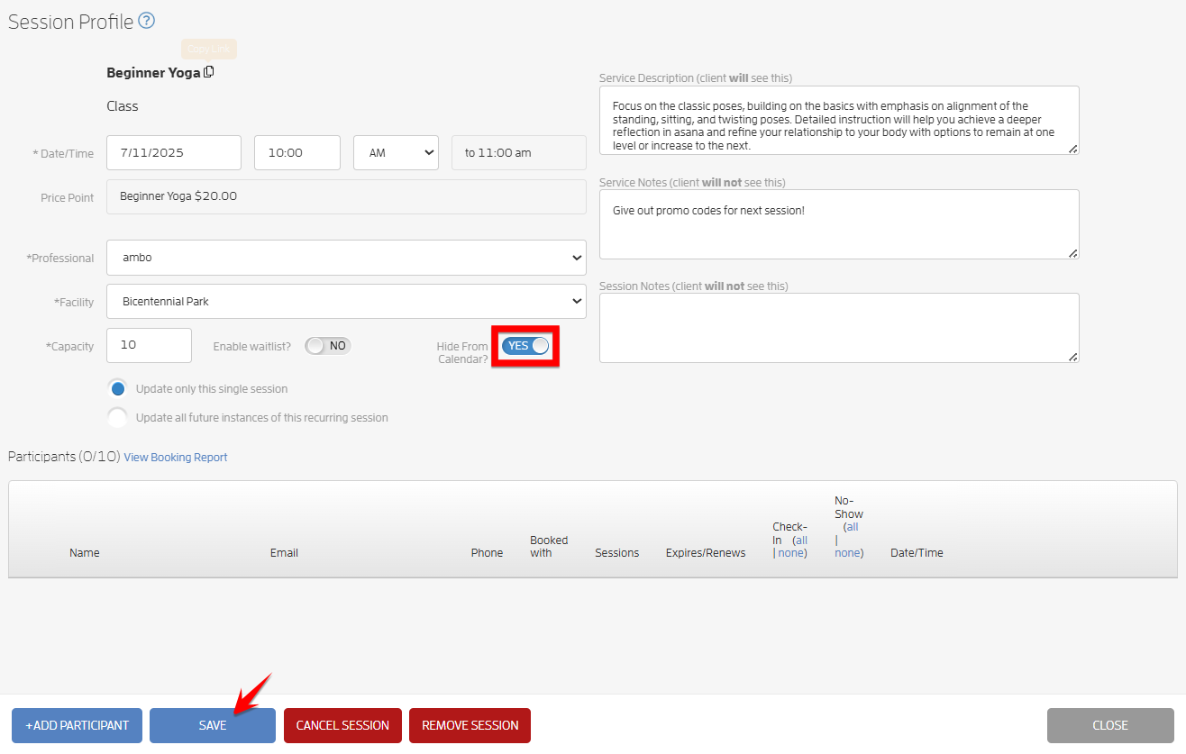 How to 'hide' a session or class on your Business Calendar — screenshot 14