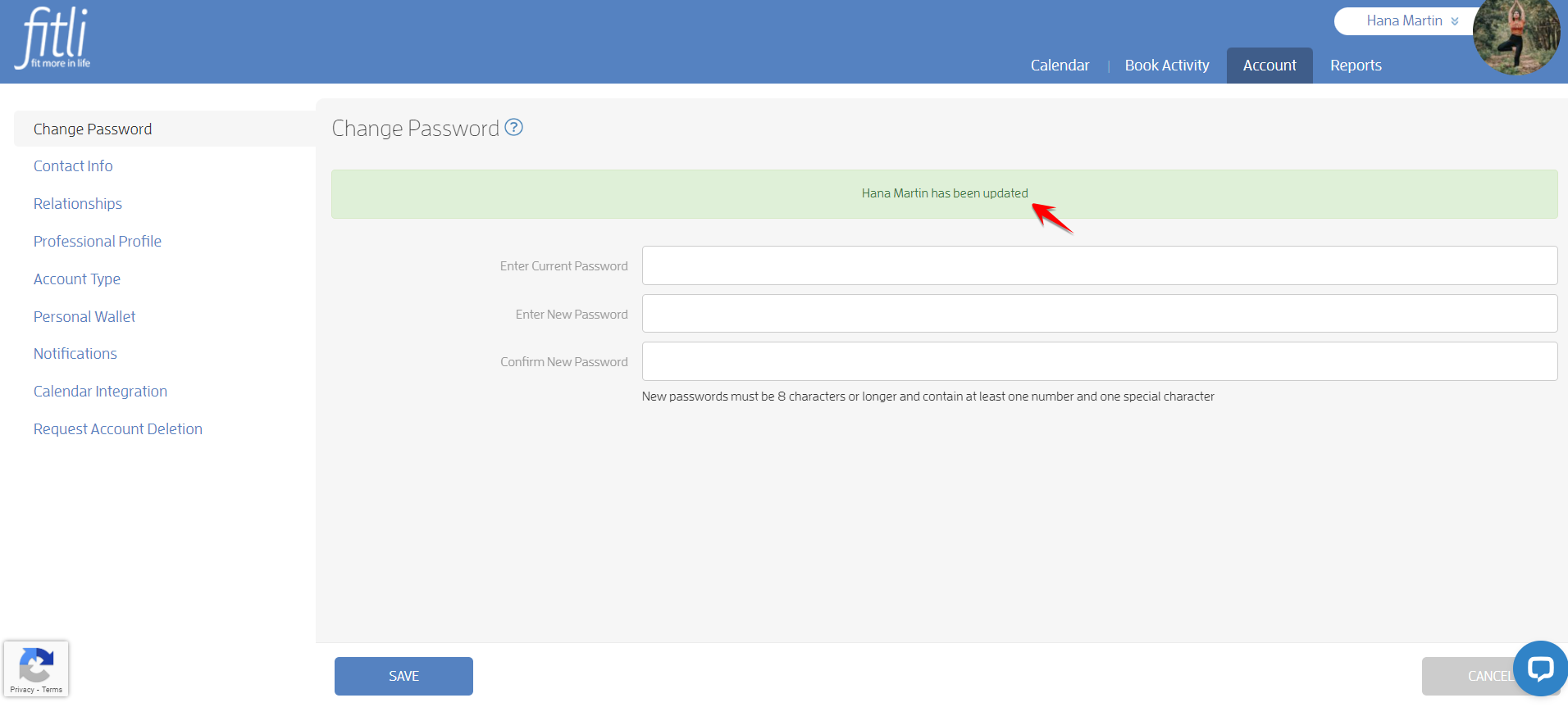 How to change your business' password within the Fitli site — screenshot 4