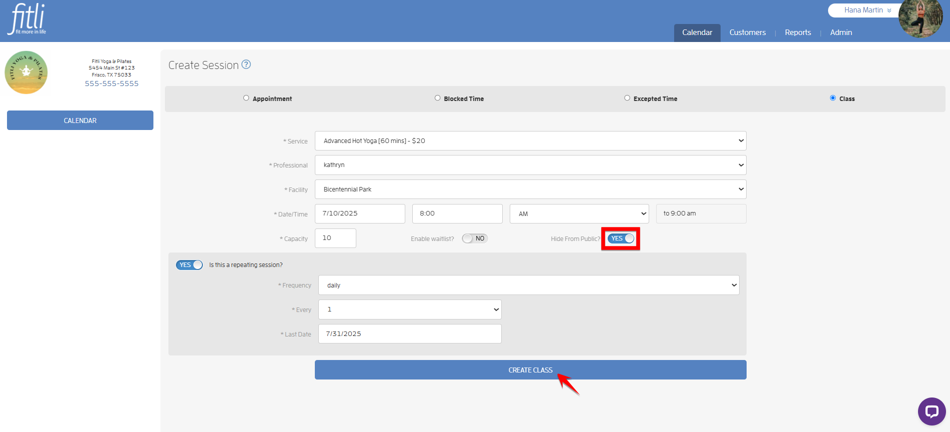 How to 'hide' a session or class on your Business Calendar — screenshot 6