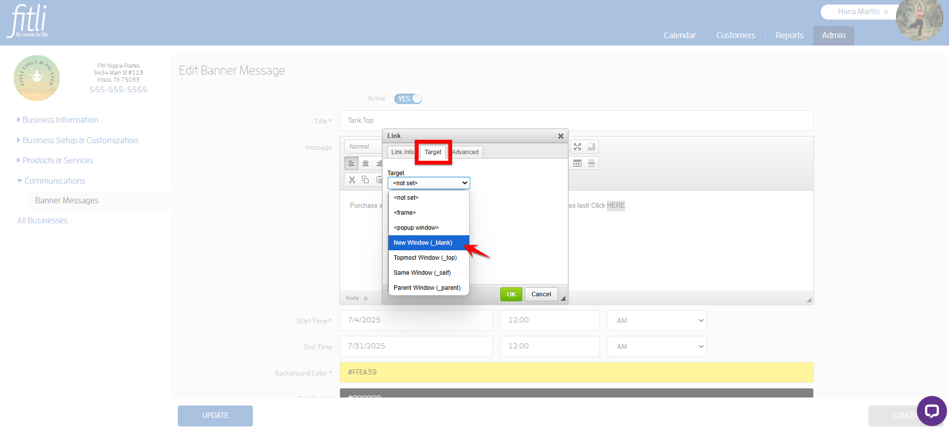 Create a Banner Message with a link for your Clients to Purchase or Book — screenshot 11
