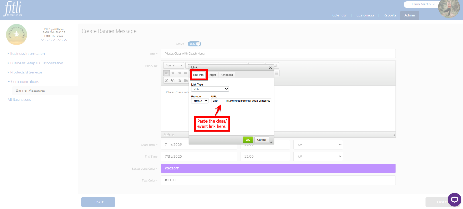 Create a Banner Message with a link for your Clients to Purchase or Book — screenshot 24