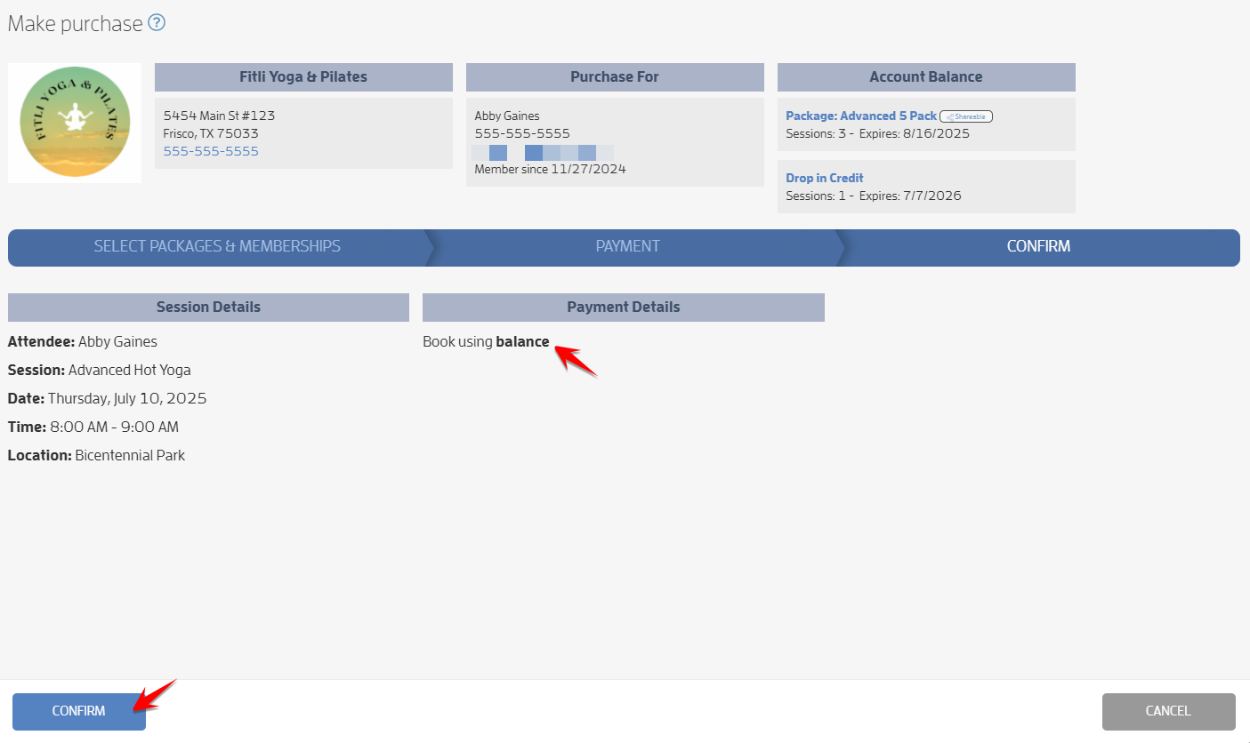 How to book a session / class for your customers — screenshot 5