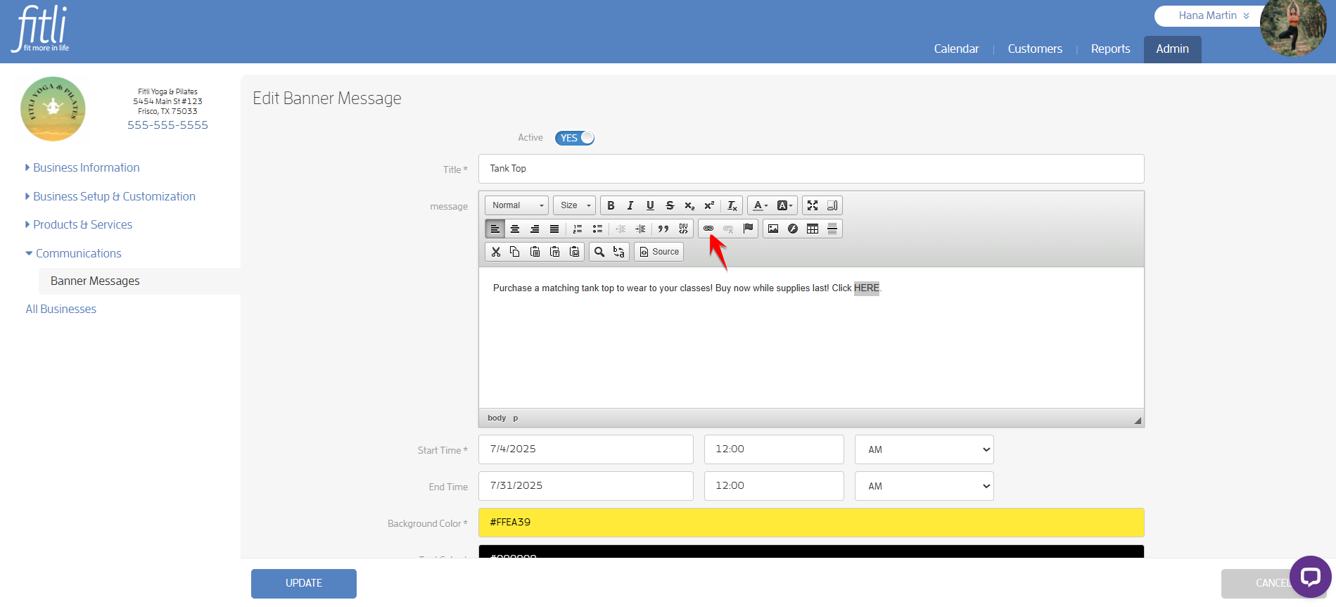 Create a Banner Message with a link for your Clients to Purchase or Book — screenshot 9