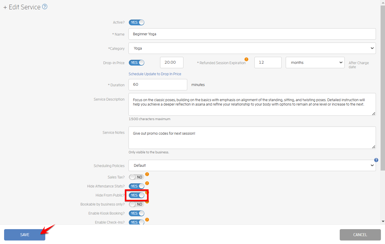 How to 'hide' a session or class on your Business Calendar — screenshot 11