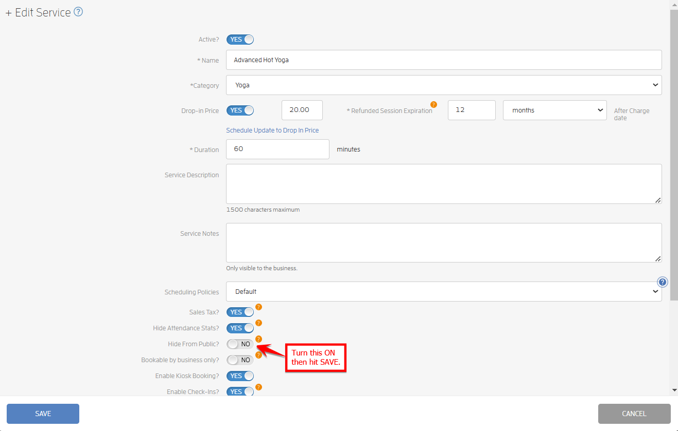 How to 'hide' a session or class on your Business Calendar — screenshot 2
