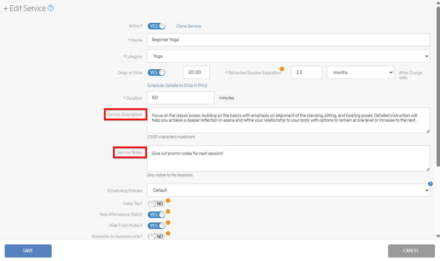 Service Description and Service Notes — screenshot 1