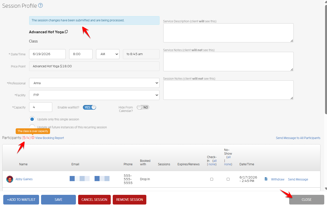 Reduce the Capacity of the Class Below its Current Number of Participants — screenshot 5