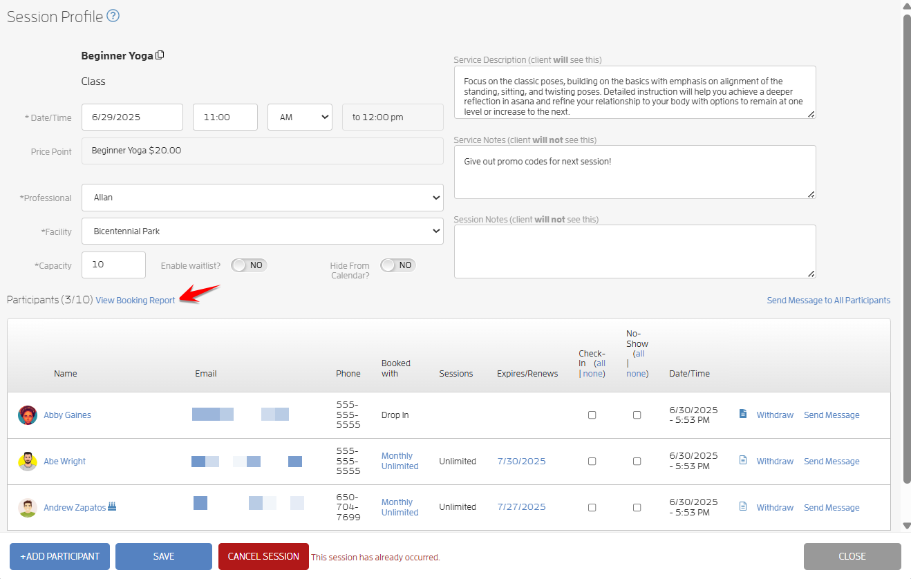 View Bookings Report for a Single Session — screenshot 3