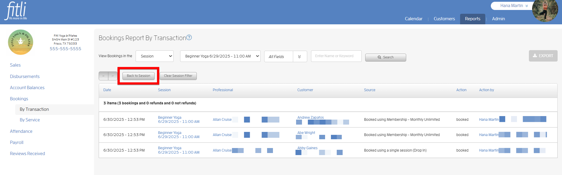 View Bookings Report for a Single Session — screenshot 5