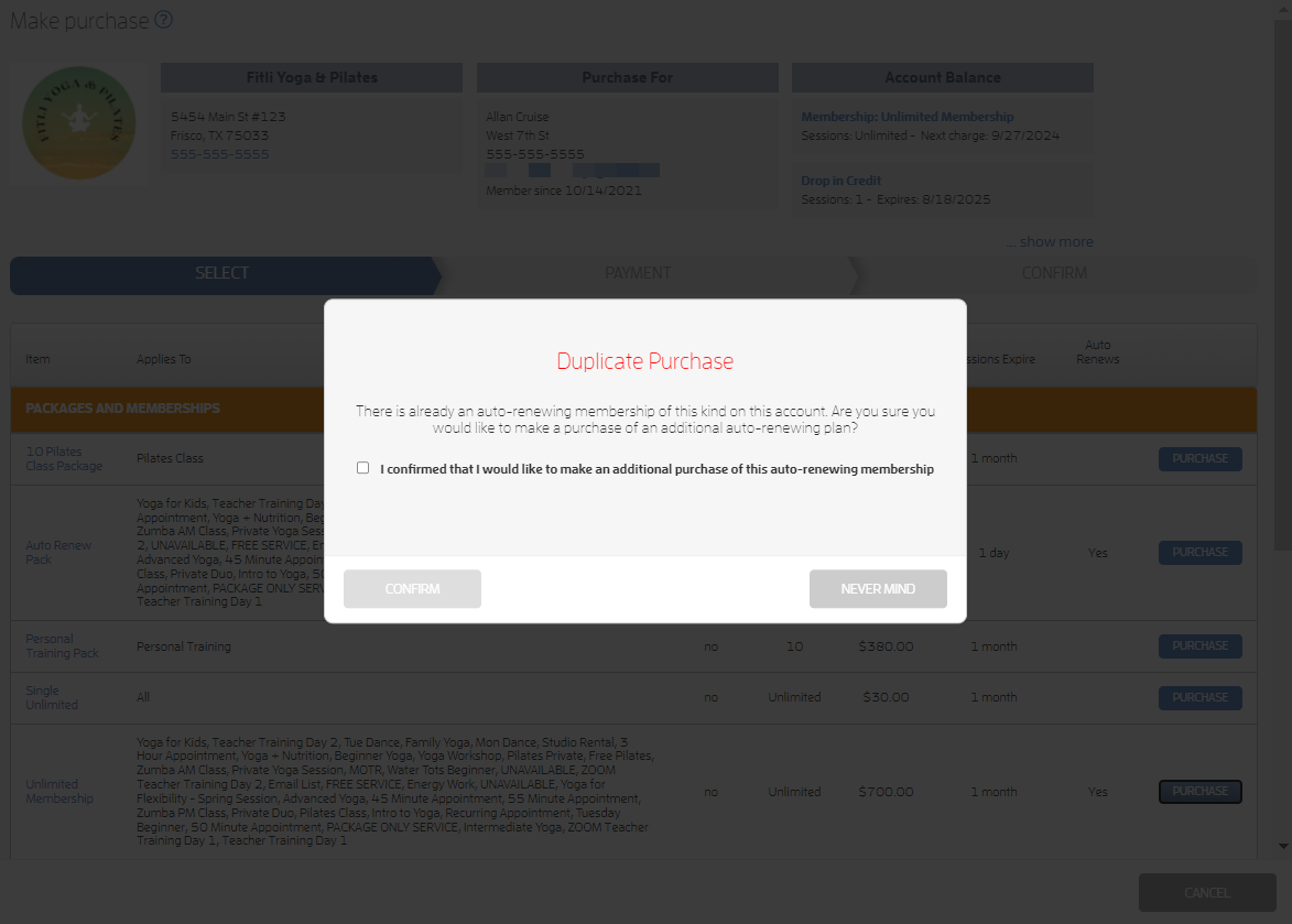 What happens if I try to purchase a duplicate auto-renewing membership for my customer? — screenshot 2