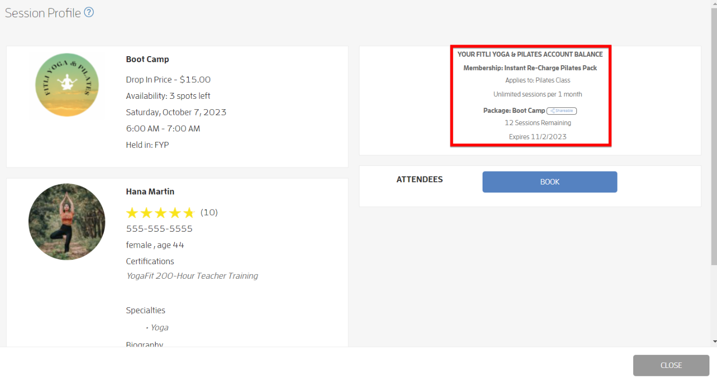 Can I see how many sessions or classes I have left in my account? — screenshot 2