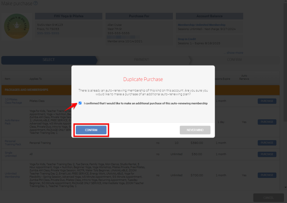 What happens if I try to purchase a duplicate auto-renewing membership for my customer? — screenshot 3