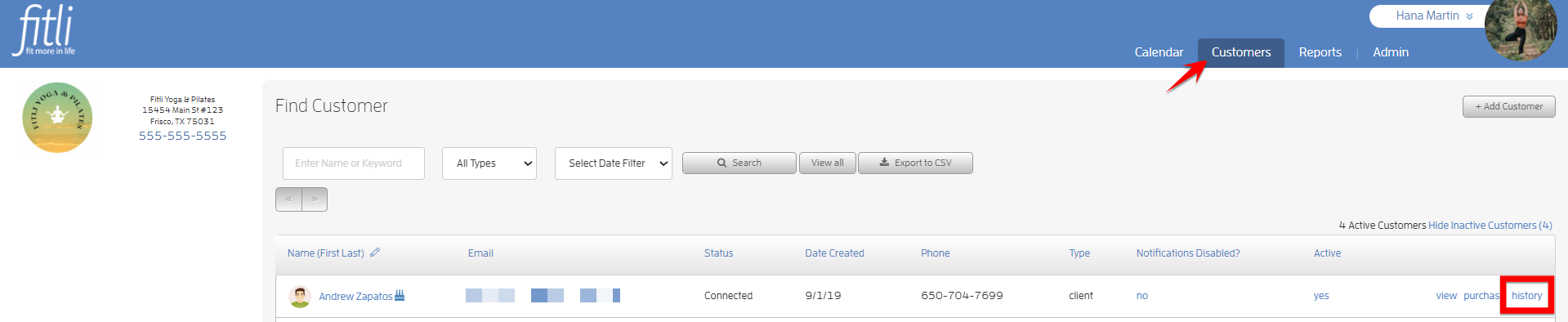 Exporting Customer Visit History — screenshot 1