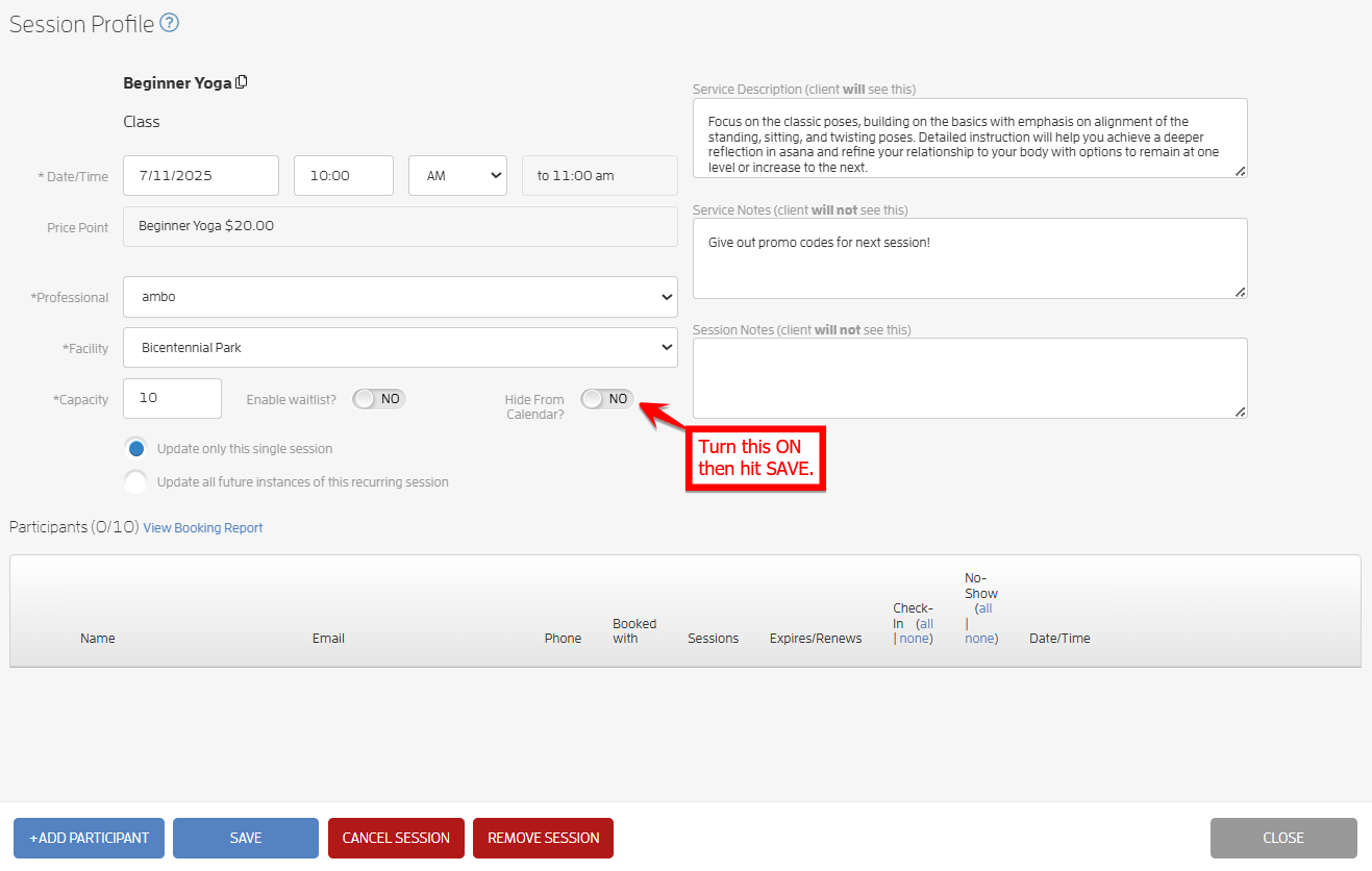 How to 'hide' a session or class on your Business Calendar — screenshot 13