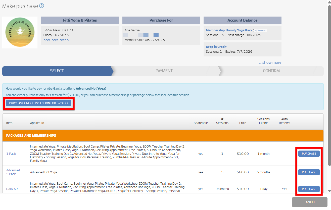 How to book a session / class for your customers — screenshot 6